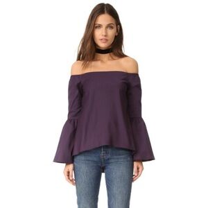 525 America Eggplant Purple Off Shoulder Bell Sleeve Cotton Poplin Blouse EUC XS